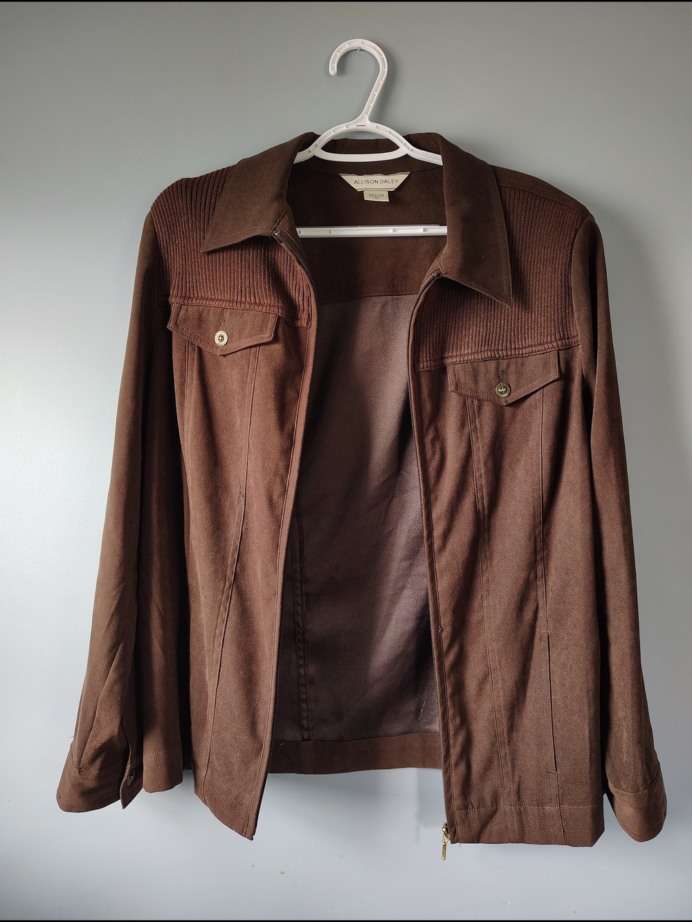 Allison Daley Womens Dark Brown Zip Jacket with Ribbed Yoke Size 12 Collared